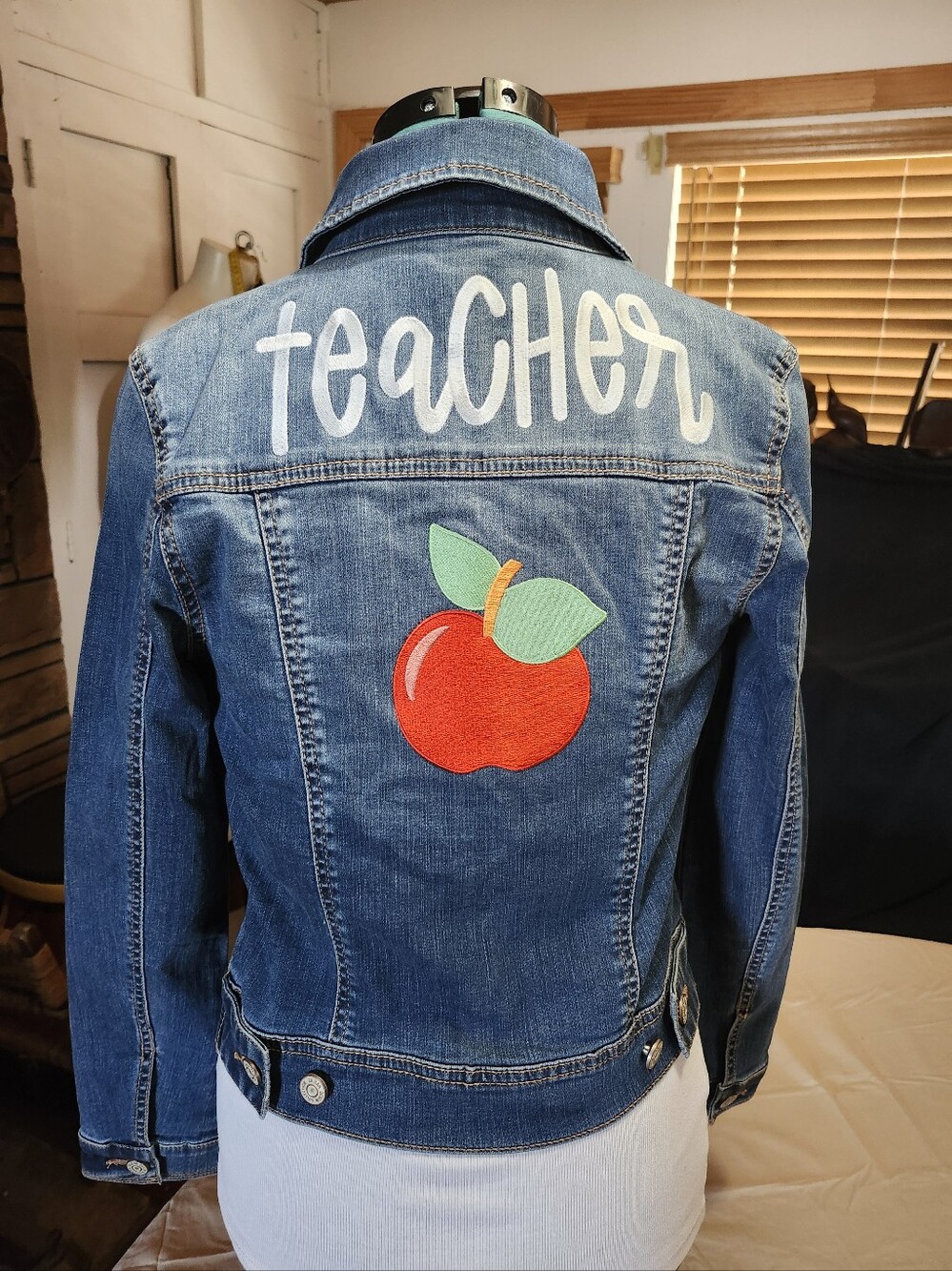 Enjean Denim Custom Jacket with "Teacher" And Apple Embroidery - Size Small